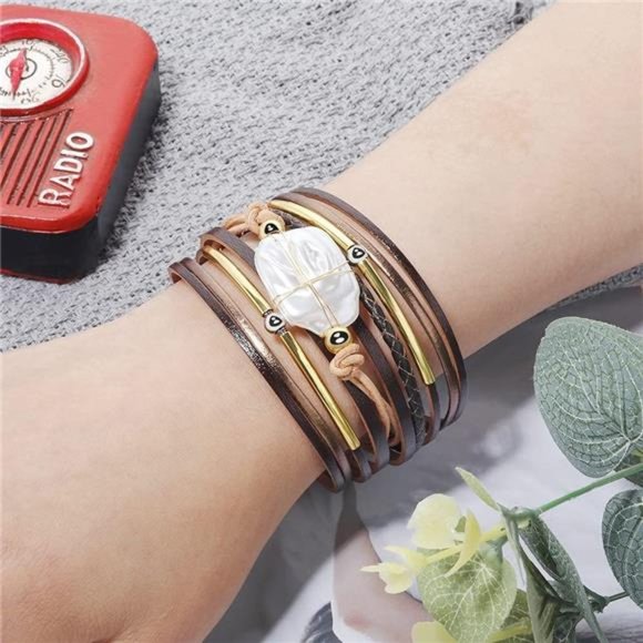 Bracelet for Women, Boho Leather Wrap Multi-Layer Pearl Crystal Bracelet Bangle - Picture 5 of 5